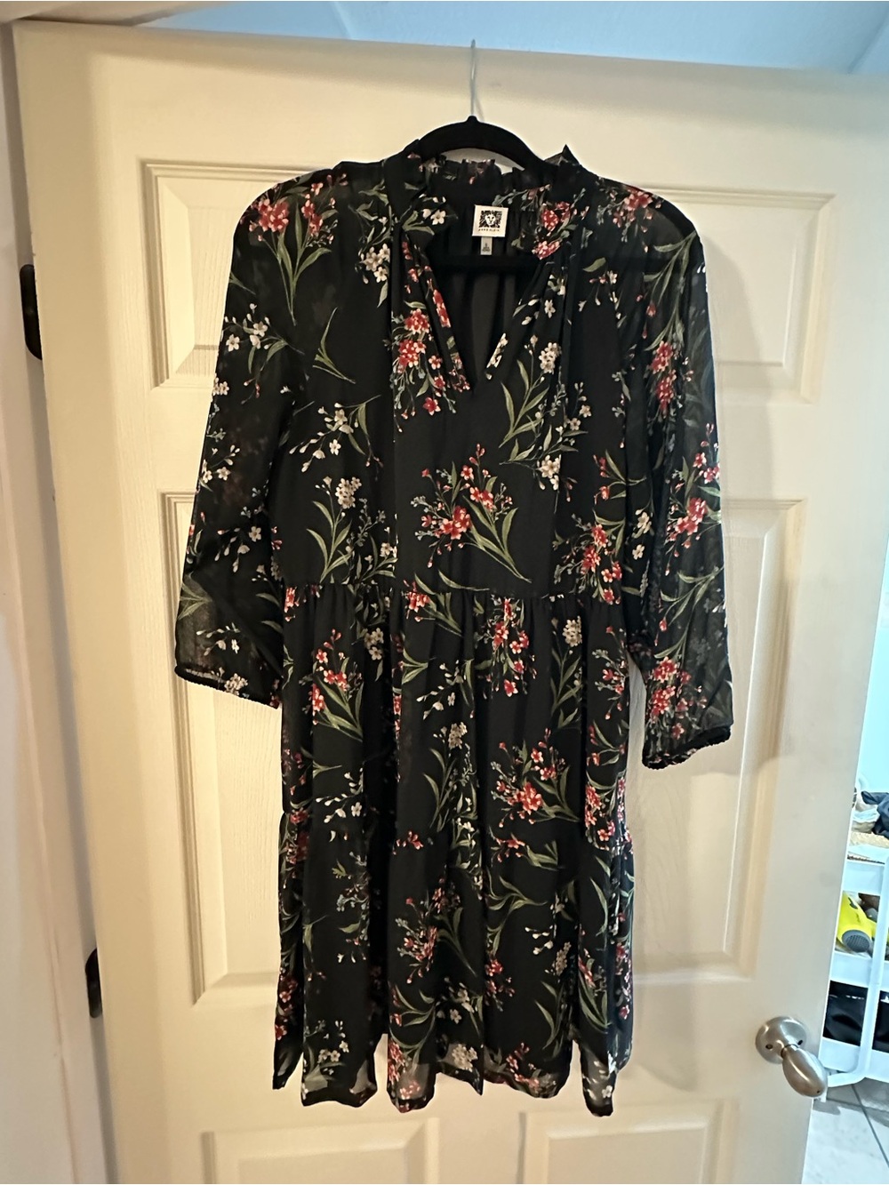 Anne Klein Floral Black Tiered V-Neck Dress
